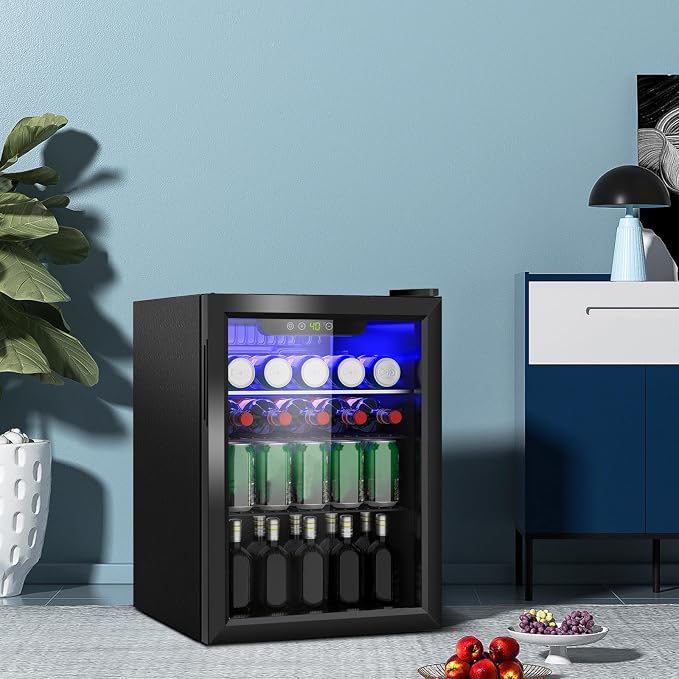 Erivess Mini Fridge 95 Can Beverage Refrigerator Cooler Glass Door for Soda | 2.6 Cu Ft Drink Fridge for Home/Bar/Office with LED Display, Digital Temperature Control, Removable Shelves for Wine, Black
