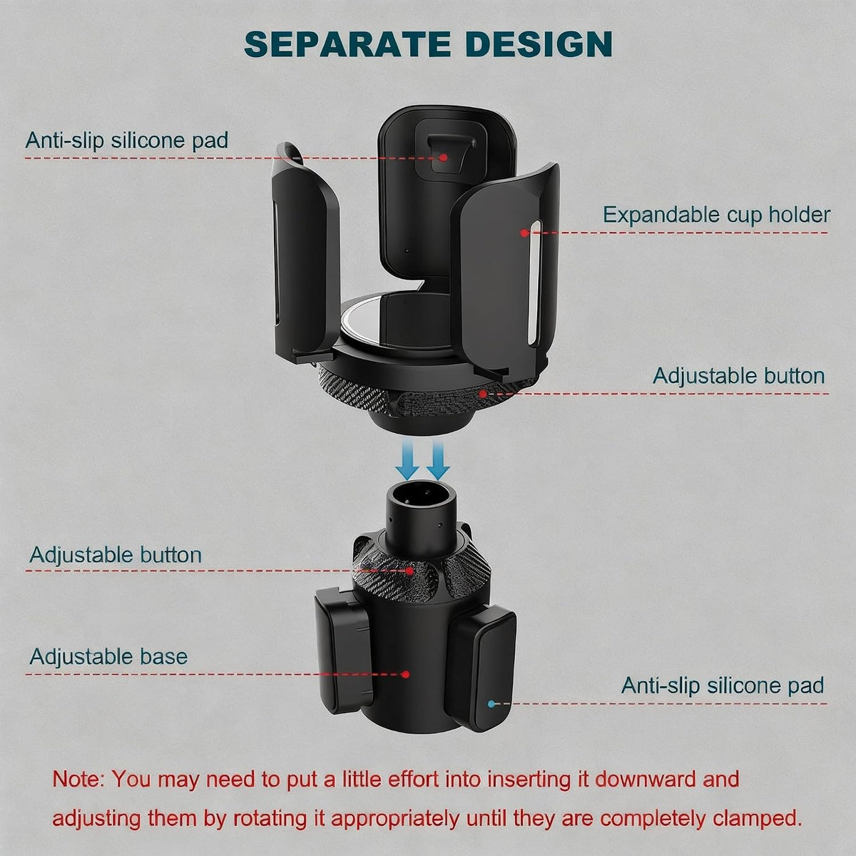 Car Cup Holder Expander, Adjustable 2.95"-5.5" for 10-64oz Bottles, Expandable Base with Anti-Slip Pads