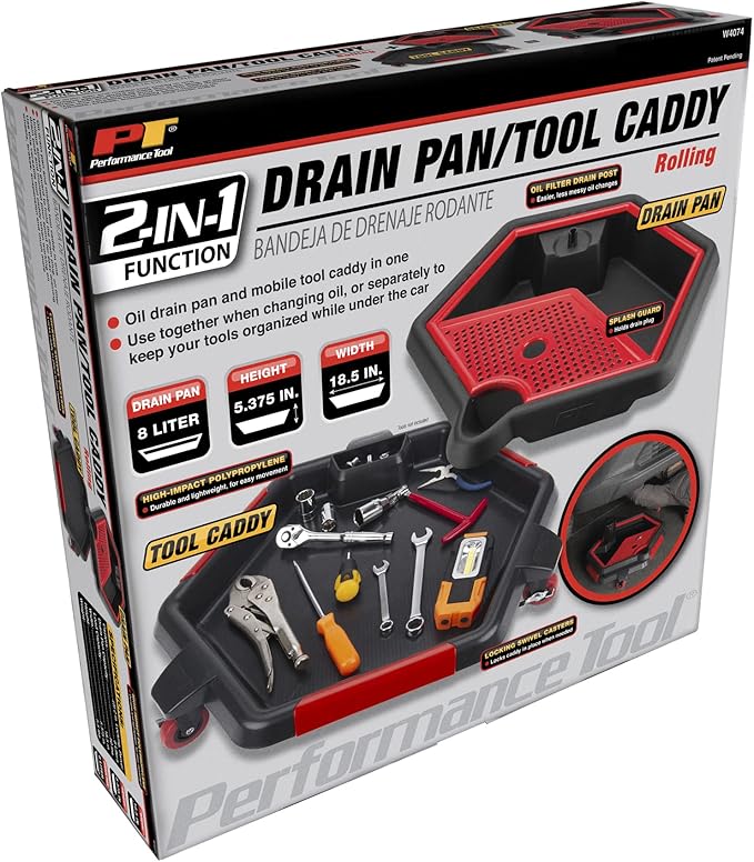 Performance Tool W4074 2 in 1 Drain Pan and Tool Caddy - Conveniently Collects Oil and Organizes Tools for Automotive Repairs