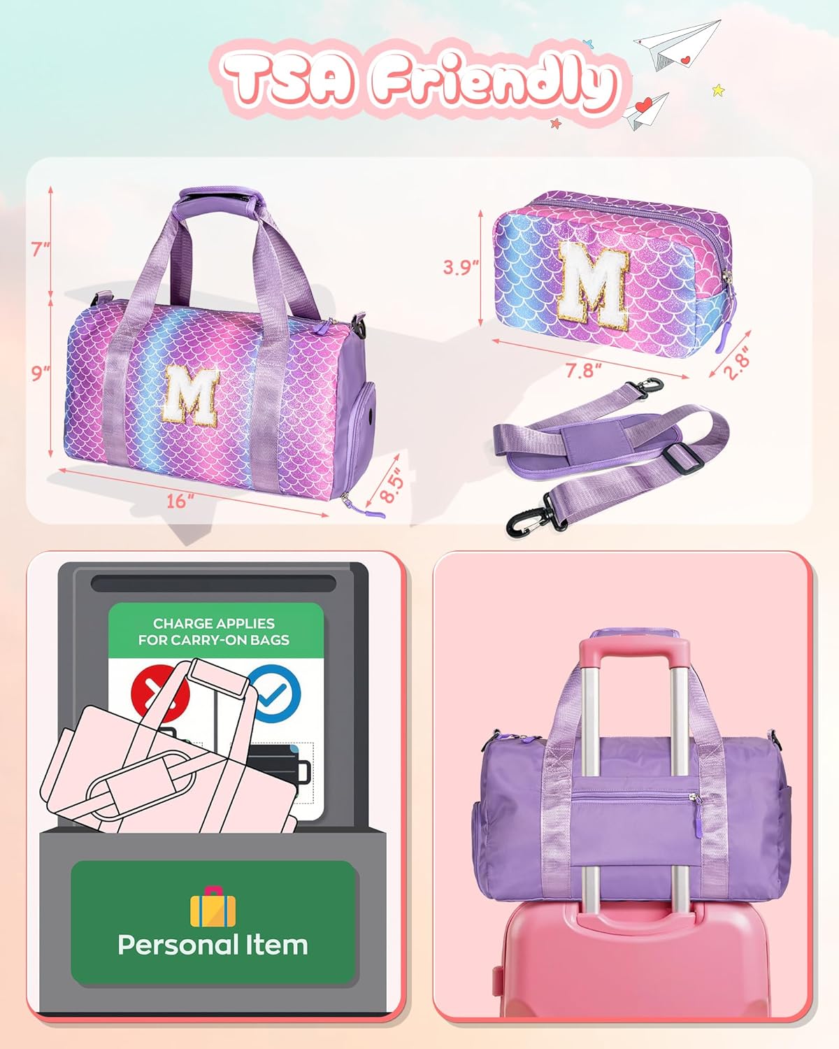 Skiennix Girl Gym Bag - Stylish Weekender Tote with Shoe Compartment & Makeup Pouch | Ideal Gift for Ages 3-12 (Letter S)