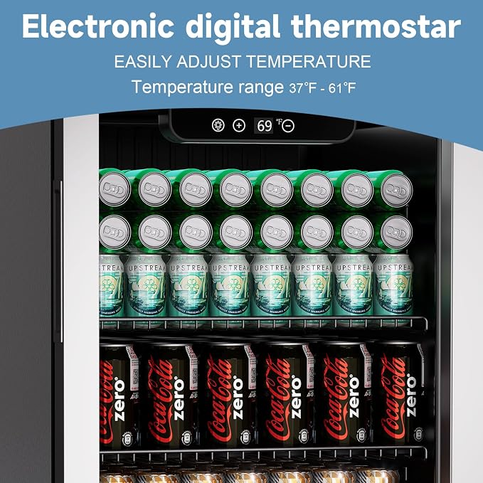 Stopasd Beverage Refrigerator Cooler, 3.0 Cu.Ft/105 Can Drink Fridge with Adjustable Shelves & Glass Door for Soda Wine Beer, Quiet Undercounter Small Fridge for Home/Office/Bar/Garage(37-61 ℉),Sliver