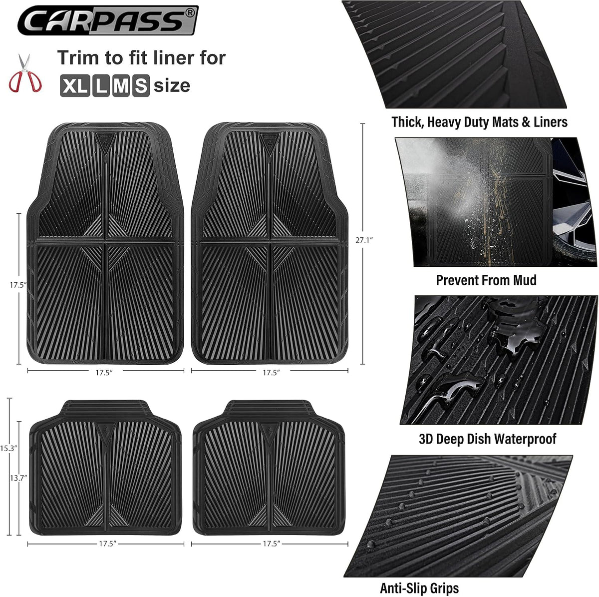 CAR PASS Rubber Car Floor Mats, All Weather Waterproof Car Mats, Universal Trim to Fit for Automotive, SUVs, Trucks, Vehicles, Anti-Slip Easy Clean, Heavy Duty Full Set 4 Piece, Black