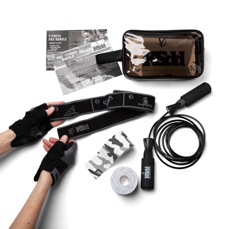Pro Fitness Bundle Set with Workout Gloves, Jump Rope, Kinesiology Tape, Resistance Band, Carry Bag, Black and Gray (Fitness Gloves, Medium)