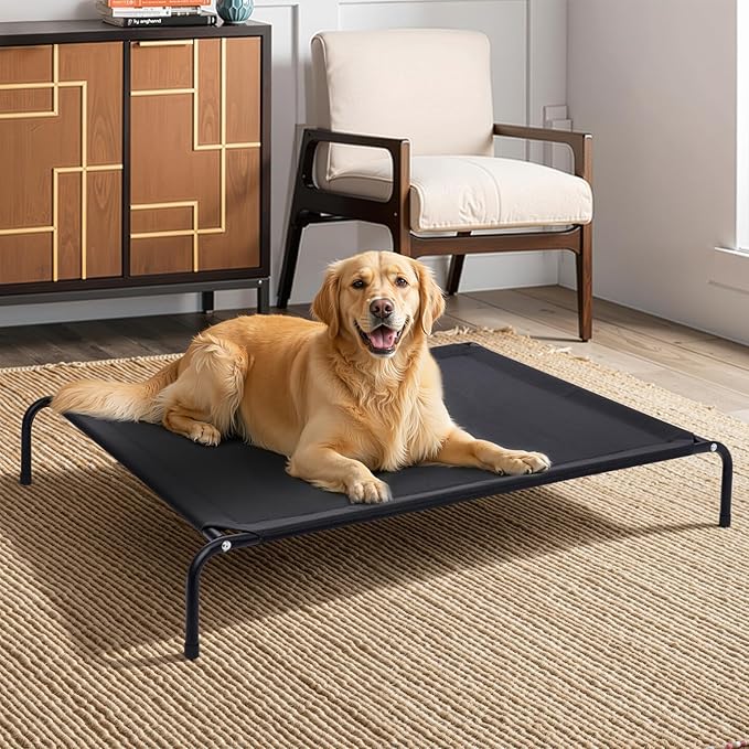 Elevated Dog Bed, Raised Outdoor Dog Cots Beds for Medium Dogs, Waterproof for Indoor & Outdoor, Cooling Hammock Cot with Breathable Mesh, Black, 37 Inches