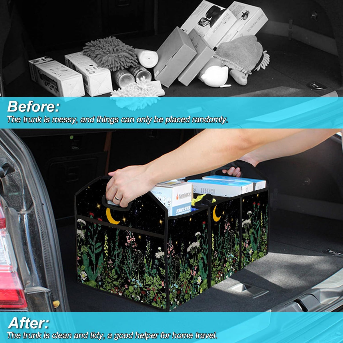 WildFlower 50L Waterproof Polyester Trunk Organizer Car Storage MultiCompartment Large Capacity Poket