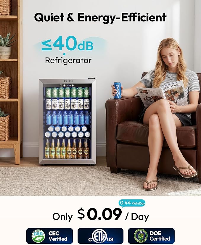 EUHOMY 4.5 Cu.ft Beverage Refrigerator and Cooler, 145 Can Mini fridge with Glass Door for Soda Beer Wine, Small Drink Dispenser with Digital Adjustable Thermostat for Home Office Bar