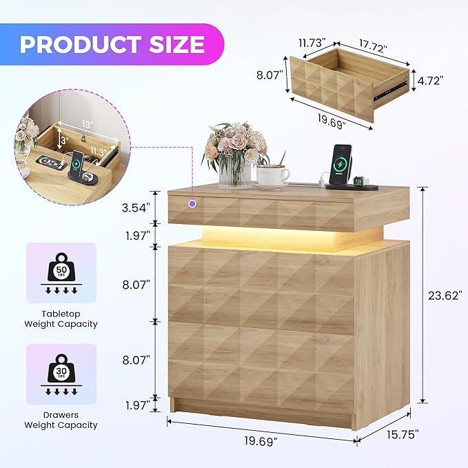 LED Nightstand Set of 2 with Charging Station,3 Drawers Night Stand with Lockable Hidden Storage,Smart Bedside Table with Human Sensor RGB Lights for Bedroom,Wood
