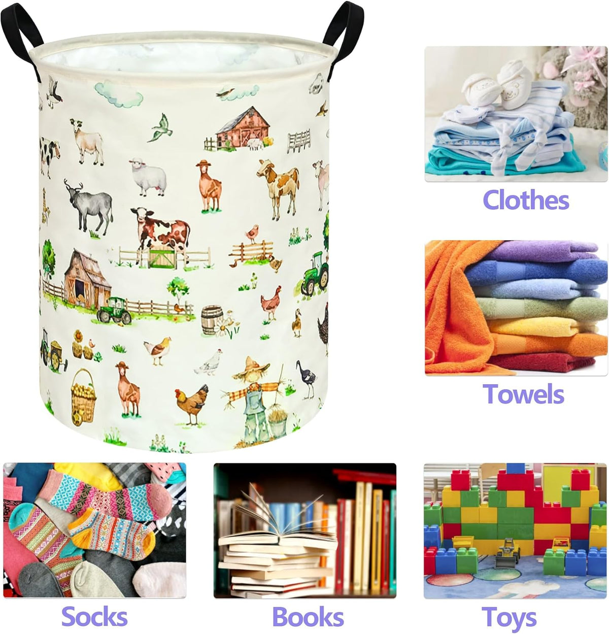 Collapsible Kids Laundry Basket Clothes Hamper, Foldable Storage Organizer Bin, Toy Clothes Storage with Handles for Boys Girls Bedroom, Room Decor Farm