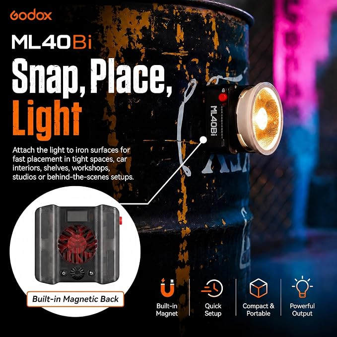 Godox ML40Bi Bi-Color LED Video Light, Portable COB Photography Light