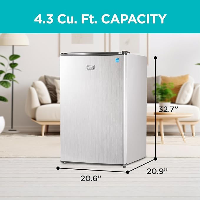 BLACK+DECKER 4.3 Cu. Ft. Compact Refrigerator, BCRK43V, Stainless Look | Energy Star Certified Small Refrigerator, Single Door Mini Fridge with Chiller Compartment, Personal Fridge for Home or Dorm