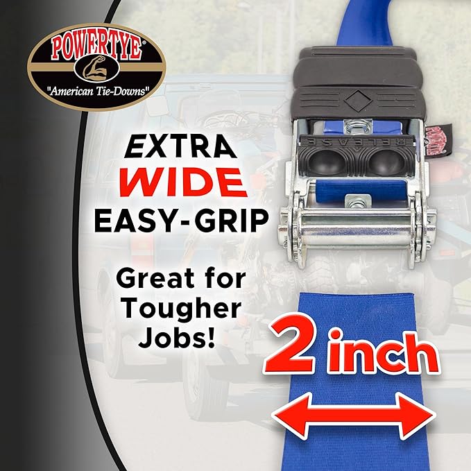 PowerTye - Endless Ratchet Strap - 2 inch x 7ft Easy Grip Tie Down Strap (Hookless), 800 lb. W.L.L. / 2,400 Lb Break Strength, Ideal for Motorcycle, ATV, Truck & Cargo, Blue 2-Pack