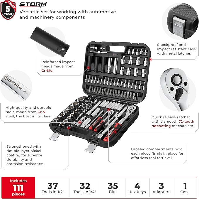 INTERTOOL Metric Socket Set 1/4” & 1/2” Drive 111-Piece 4-32 mm - 3pc Impact Sockets Cr-Mo - Quick Release Ratchets, Extensions, Adapters, Bits, Screwdriver, Hard Case - Tool Gift - ET08-8111