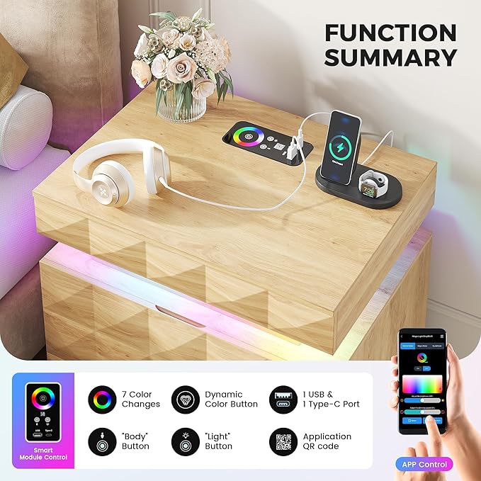 LED Nightstand with Charging Station,3 Drawers Night Stand with Lockable Hidden Storage,Smart Bedside Table with Human Sensor RGB Lights for Bedroom,Wood