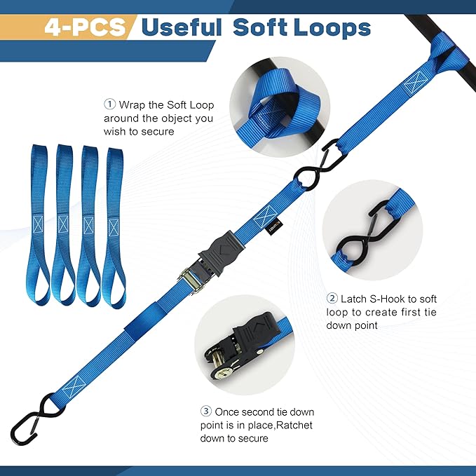 Ratchet Straps, Boat Tie Down Straps to Trailer, Motorcycle Straps, Kayak Tie Downs, 4-PK 1" x 15ft, 1800 LB Break Strength Safety Lock S Hooks & 4 Soft Loops-Secure, Rubber Coated Handle Blue