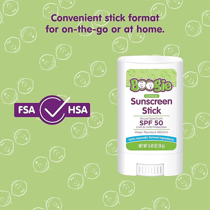 Baby Sunscreen Stick by Boogie Block, Mineral Sunscreen SPF 50, Travel Size Sunblock for Kids, Zinc Oxide, Water Resistant, Vegan, Fragrance Free Pack of 1