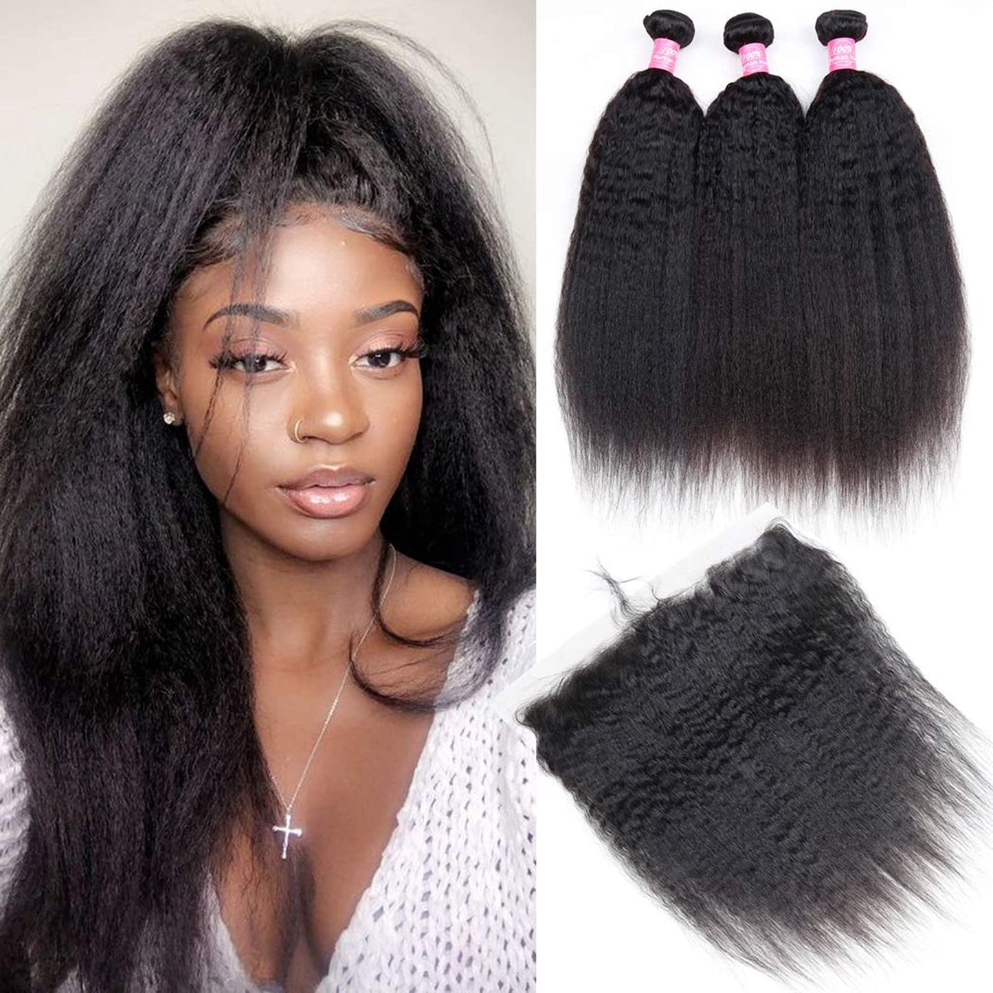 Odir Kinky Straight Bundles With Frontal Brazilian Human Hair 14 16 18+12 Inch Unprocessed 9A Yaki Straight Virgin Hair 3 Bundle
