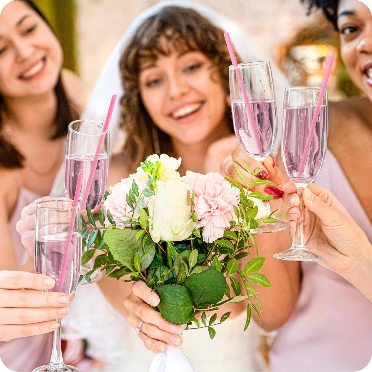 Skiennix Heart Shaped Pink Straws - 50pcs Individually Wrapped Disposable Drinking Straws for Parties & Events