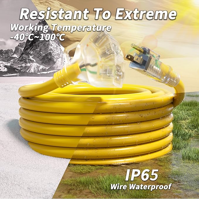 PlugSaf 15 FT 12/3 Gauge Outdoor Extension Cord with Multiple Outlets Light Indicator, Flexible 3 Outlet Weatherproof Heavy Duty Extension Cord Waterproof Yellow, 15A 1875W 12AWG SJTW, ETL Listed.