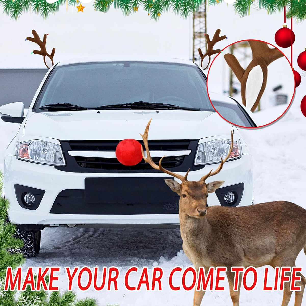 Christmas Car Reindeer Antlers with Ears and Nose - Festive Plush Antler Kit with Hanging Light - Universal Fit Rudolph Holiday Decoration for Car Window SUV Truck Xmas Gift