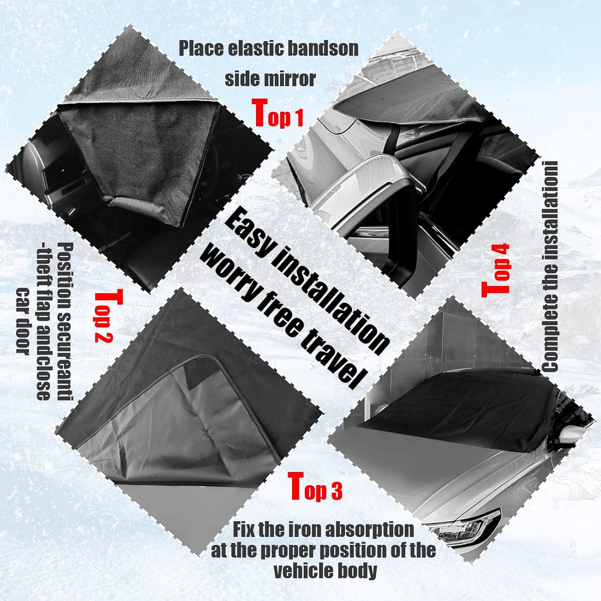 Car Windshield Snow Cover, Upgraded 600D Oxford Fabric Windshield Frost Cover, 75×47 Inch Wind and Snow Protection Kit, Four Seasons Car Windshield Sunshade and Snow Cover, Universal Truck, SUV, Car