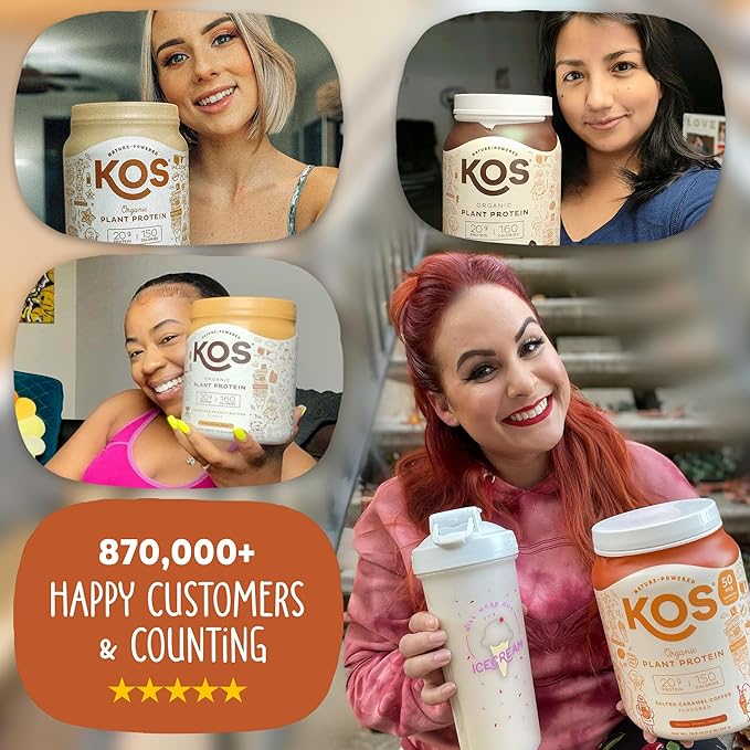 KOS Vegan Protein Powder, Salted Caramel Coffee - Low Carb Pea Protein Blend, Organic Plant Superfood Rich in Vitamins & Minerals - Keto, Dairy Free - Meal Replacement for Women & Men - 15 Servings