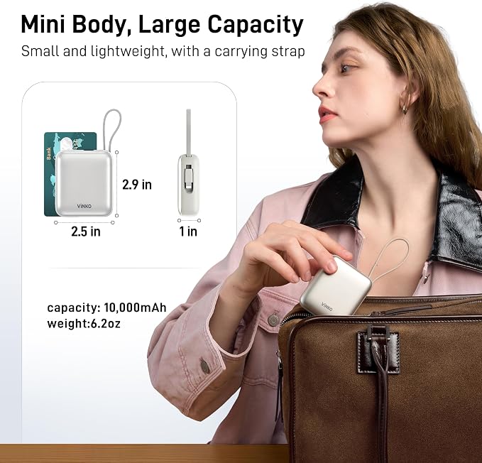 VINKO Small Portable Charger, 22.5W Fast Charging Mini Power Bank 10000mAh with Built-in Cables, Travel Essential USB-C Battery Pack Compatible with iPhone 17/16/15, Samsung S25/24, Android (White)