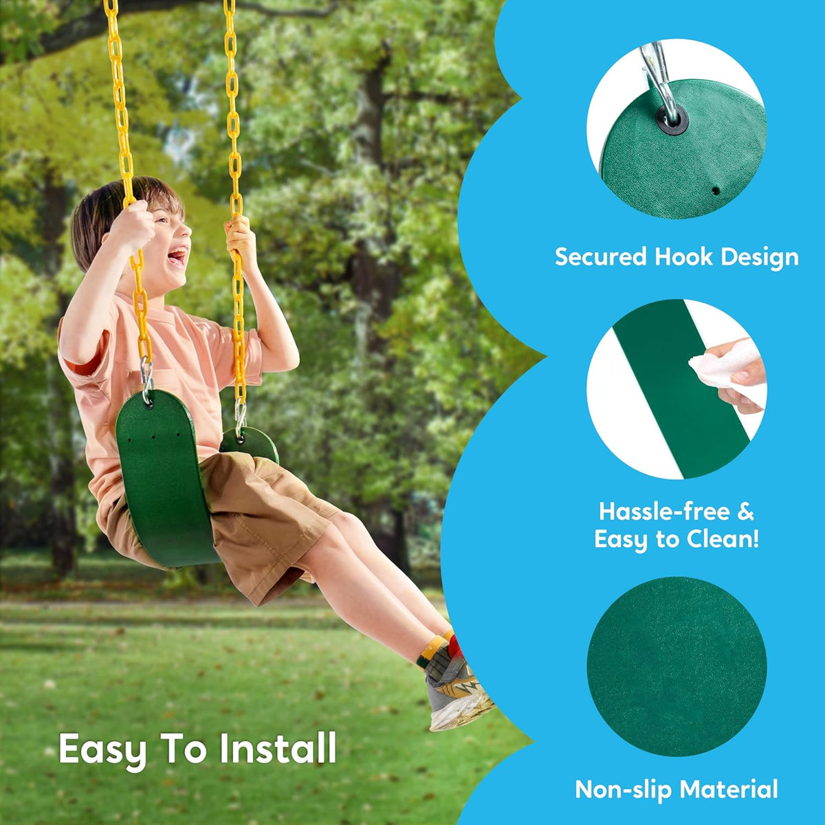 TURFEE Swing Set Accessories - 3 Pack with Gym Rings, Trapeze Bar & 2 Swings - Green for Kids Outdoor Play
