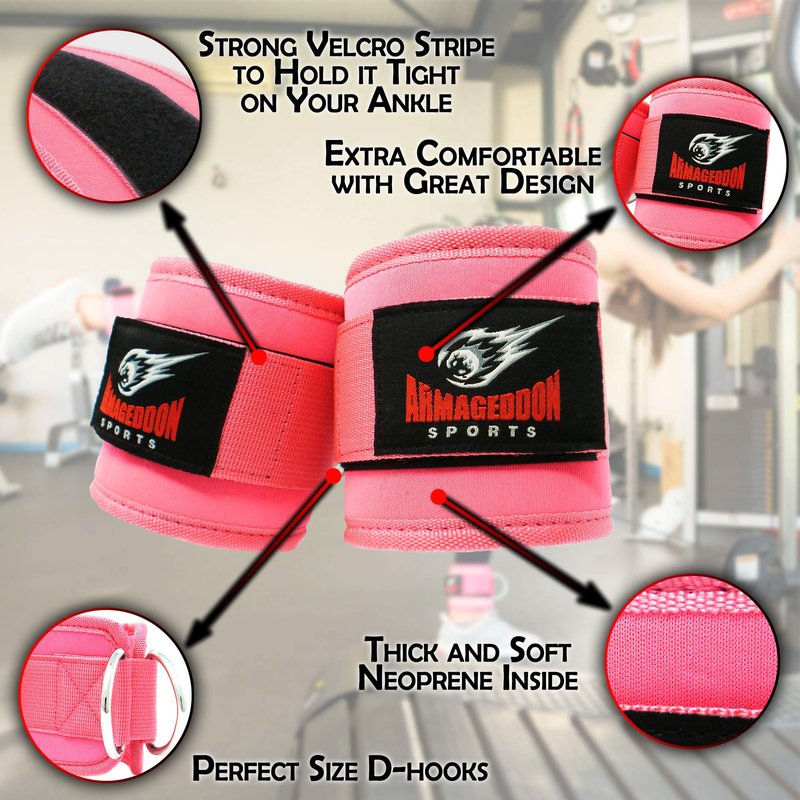 Pair of Quality Ankle Straps Double D-Rings for Cable Machines Attachment - Ankle Cuff for Leg Workout Equipment Exercise Machine - Ankle Cable Straps for Men and Women (PINK)