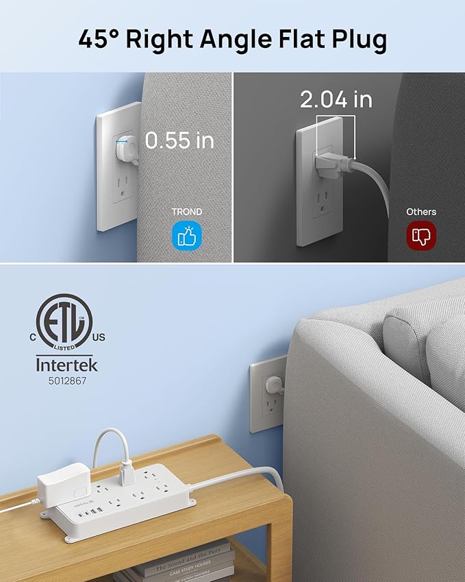 TROND Power Strip Surge Protector, 7 Widely Spaced Outlets with 2 USB A and 2 USB C, ETL Listed 1700J, Wall Mount, Flat Plug 5ft Extension Cord 14AWG Heavy Duty, for Home, Office Garage, White