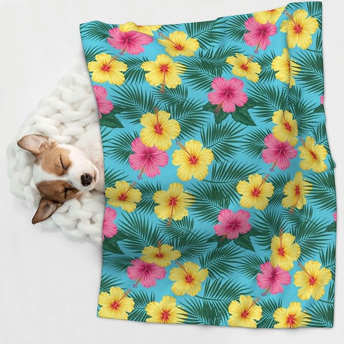 Reversible Plush Dot Pet Blanket for Dogs and Cats, Hawaii Tropical Floral Plants, Ultra Soft Two Sided Design with Warm Fuzzy Side and Smooth Side for Comfort