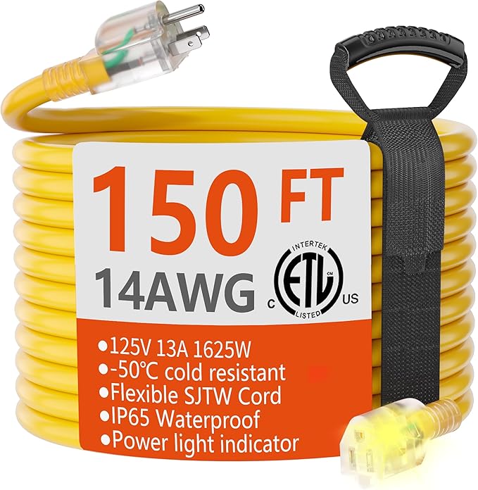 HUANCHAIN 150 ft 14/3 Gauge Heavy Duty Outdoor Extension Cord Waterproof with Lighted, Flexible Cold Weather 3 Prong Electric Cord Outside, 13A 1625W 125V 14AWG SJTW, Yellow, ETL Listed