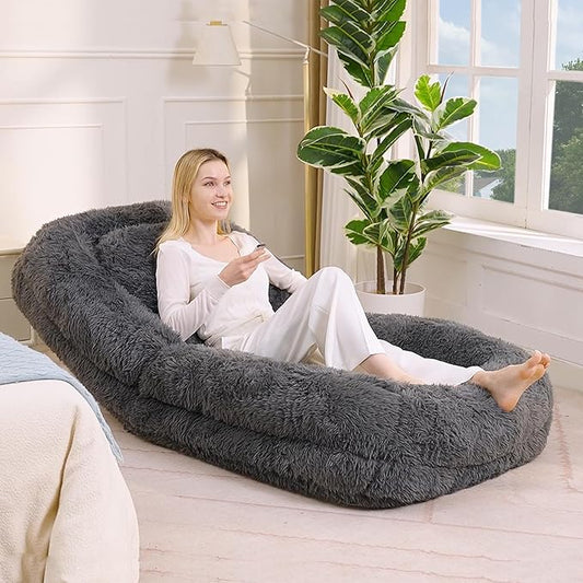 Dark Gray Foldable Human Dog Bed - 69"x35"x12" Fits You & Pets with Comfy Pillow, Washable Faux Fur, Oversized Lounger Lazy Sofa Beds with 5 Adjustable Position