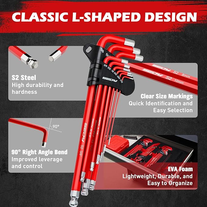 SEDY 30-Piece Long Arm Ball End L-Hex & Torx Key Set with Grip Handle, Ultimate Hex Key Wrench Set with T-Handle and Extension Bars, SAE 1/16" to 3/8", Metric 1.5mm to 10mm, Torx T10 to T50