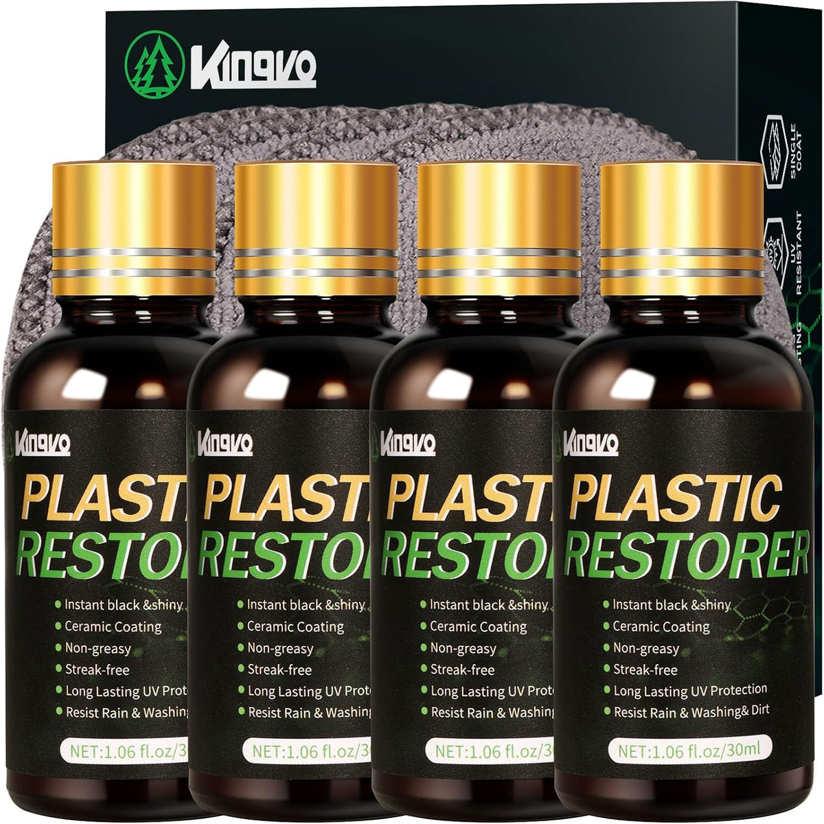 Kingvo Plastic Restorer for Cars, Black Plastic Trim Restoration,Vinyl Trim Restorer Automotive Hydrophobic Ceramic Coating with Foam Applicator,30ML(4-Pack)
