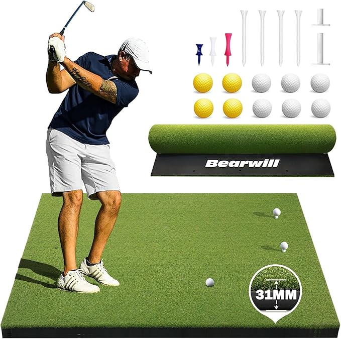 Bearwill Golf Mat 31mm, 5x4ft/5x5ft Golf Hitting Mats for Practice Outdoor Indoor, High-Elasticity Artificial Turf Mat for Garage Simulator Chipping Driving Training