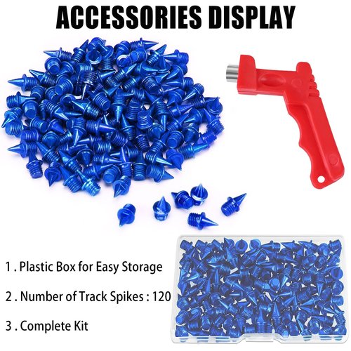 JULMELON 120pc 1/4" Carbon Steel Track Spikes with Spike Wrench, Replacement Spikes for Sprint, Short Running Track Shoes (Blue)