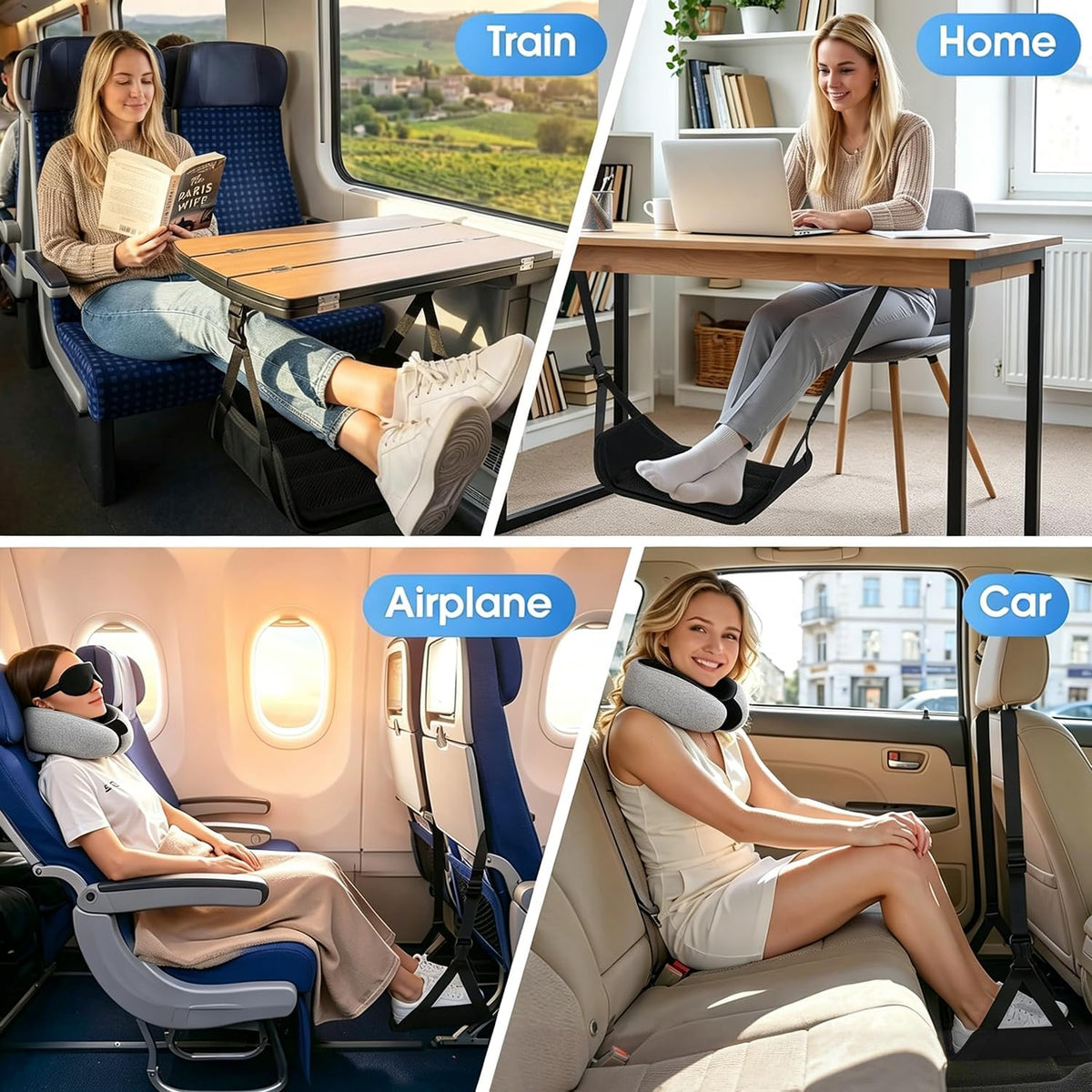 Ergonomic Airplane Pillow and Airplane Foot Hammock, Ultra Portable Neck Pillow with 360° Head Support, Portable Travel Foot Rest with Adjustable Strap, Includes Eye Mask & Ear Plugs, for Flight, Car
