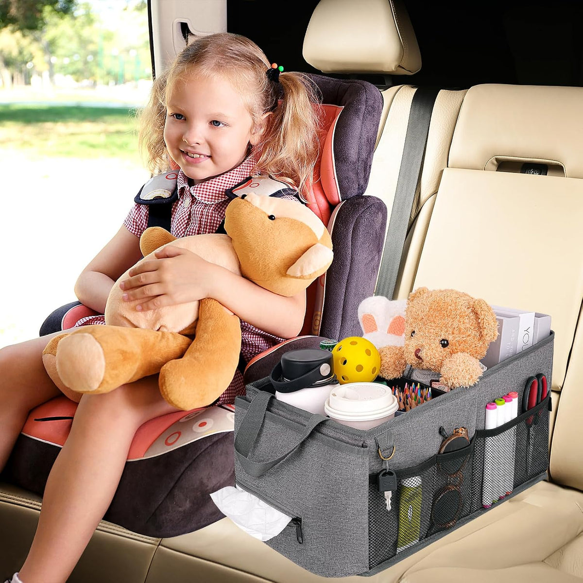 HEYSKAY Car Organizer with Tissue Box, Coffee Cup Drink Holder, Toy Books Storage for Car (Grey)