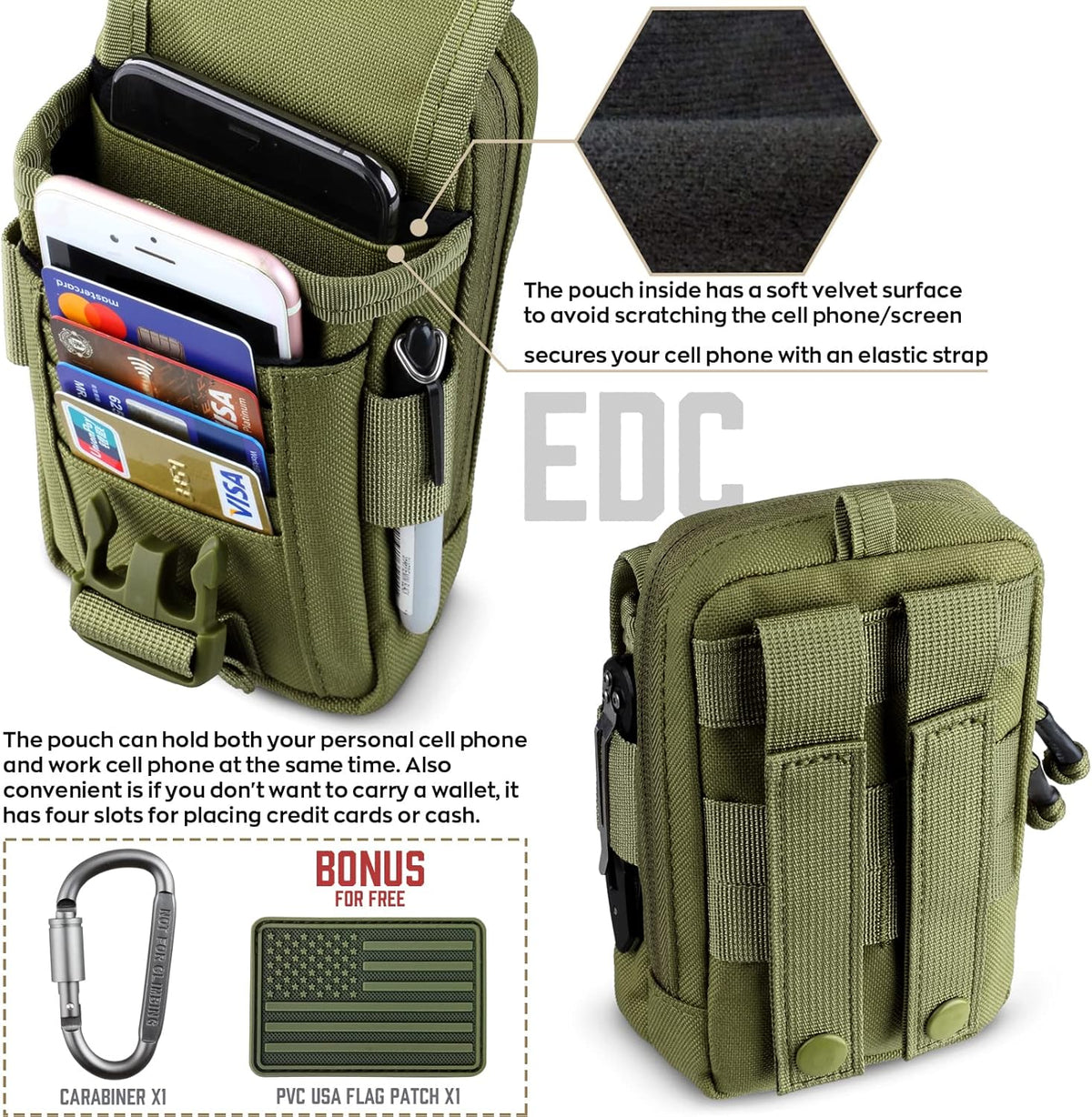 WYNEX Tactical Compass Phone Pouch - Large Molle Smartphone Holster with Double Capacity & Carabiner
