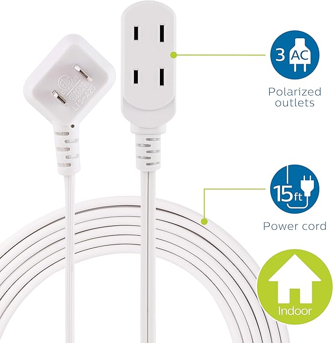 Philips Extension Cord, 15 Ft, 3-Outlet Flat Plug Extension Cord, Flat Extension Cord with Multiple Outlets, 2 Prong Extension Cord, Safety Slide Long Extension Cord, 1 Pack, White, SPS1032WE/27