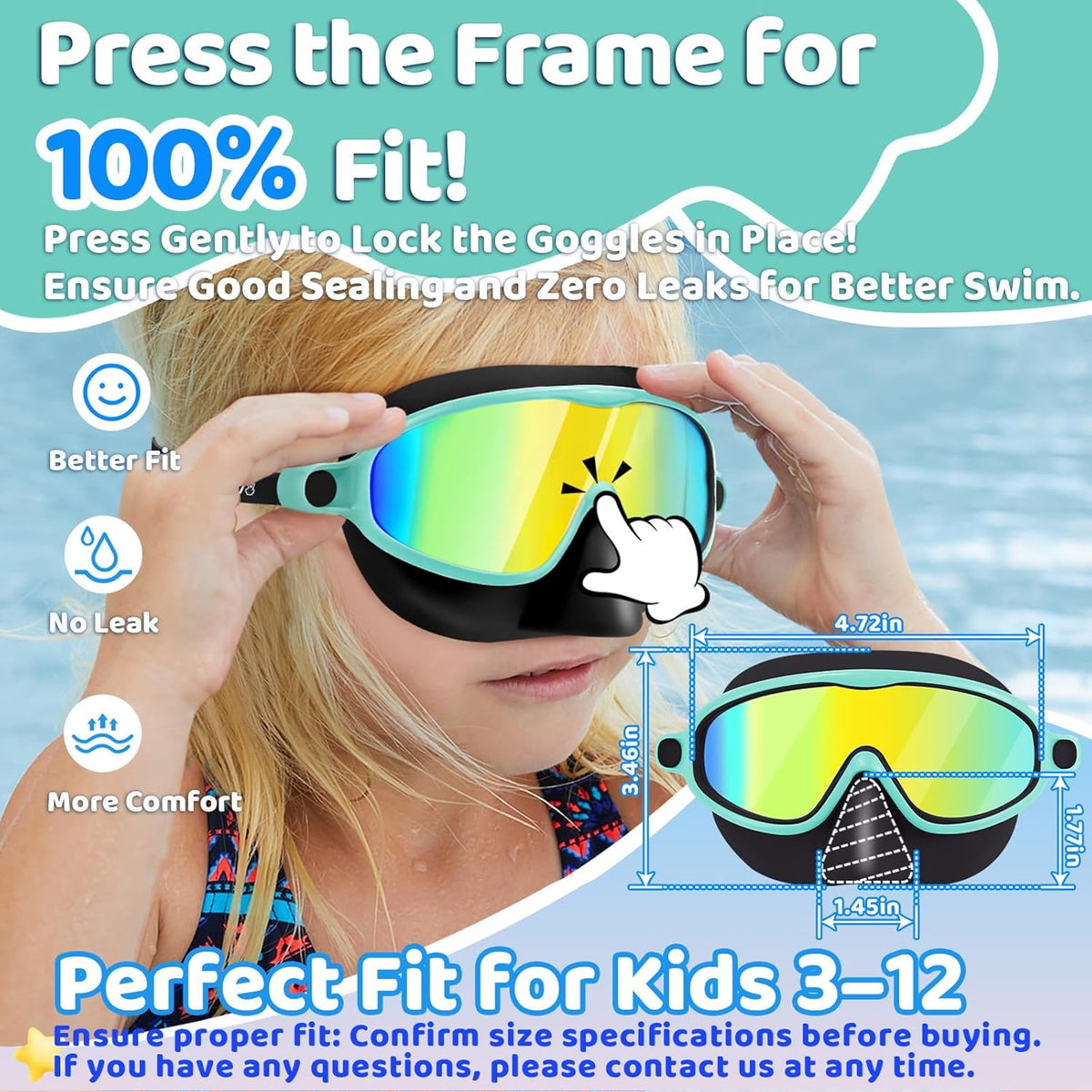 Vvinca Swim Goggles - Anti-Fog Diving Mask with Nose Cover | 2-Pack for Kids Ages 3-15