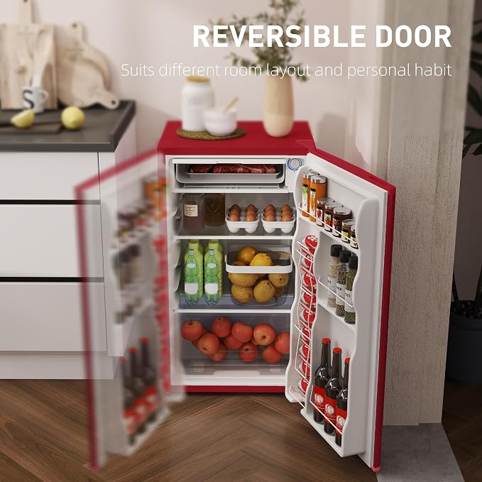 HOMCOM 3.2 Cu.Ft Mini Fridge with Freezer Single Reversible Door Red | Compact Refrigerator, Adjustable Thermostat, Shelf, for Bedroom Dorm Home Office, Energy Efficient