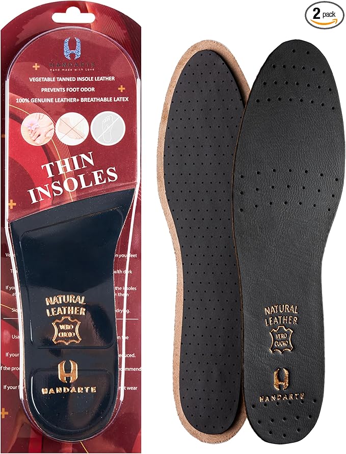 HANDARTE Premium Leather Shoe Insoles | Thin Shoe Inserts for Women | Dress Shoe Insoles - Durable - 100% Natural Goatskin & Anti Sweat - Suitable for No-Socks (US W6.5/7 | EU37)