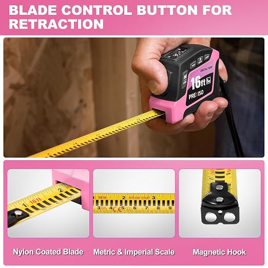 PREXISO 2-in-1 Digital Tape Measure - 16Ft Pink Digital Measuring Tape