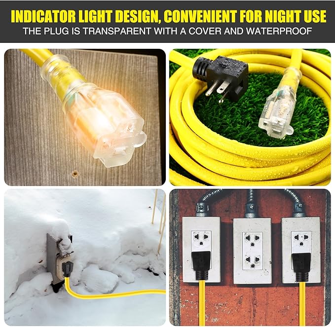 Kanayu 50FT NEMA 5-20 Extension Cord, 5-20P Male Plug to 5-20/5-15R Female Receptacle, 20 Amp T-Blade Outlet Extension Power Cord with Indicator Light, 12 AWG, ETL Listed