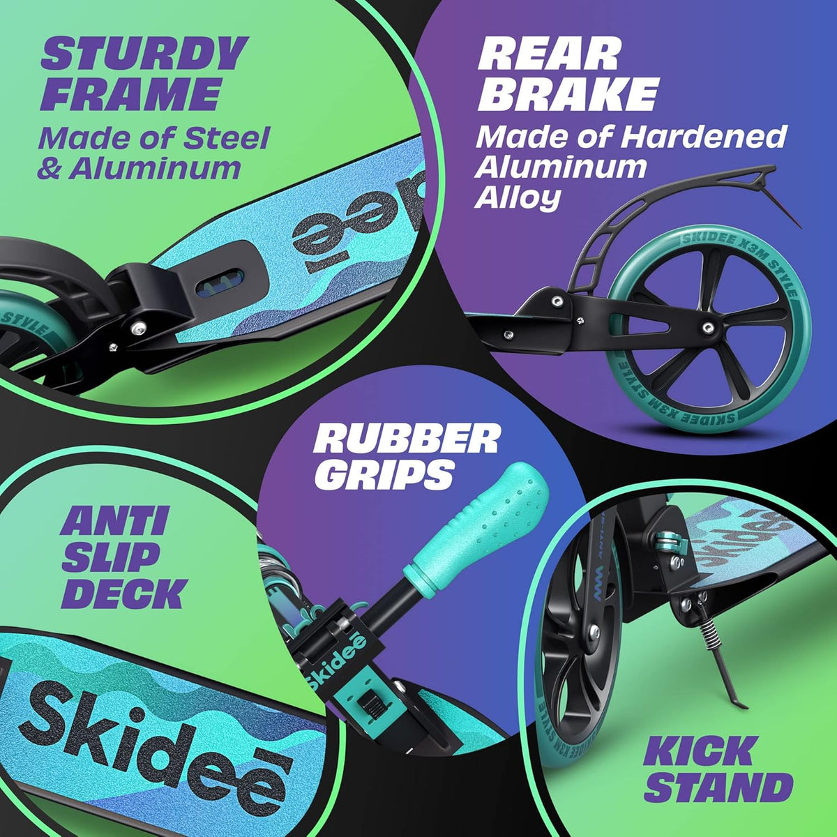 Skidee Scooter for Adults & Teens - Adjustable Height, Lightweight, Durable, Anti-Shock Suspension, Large Wheels, 220 lbs Capacity