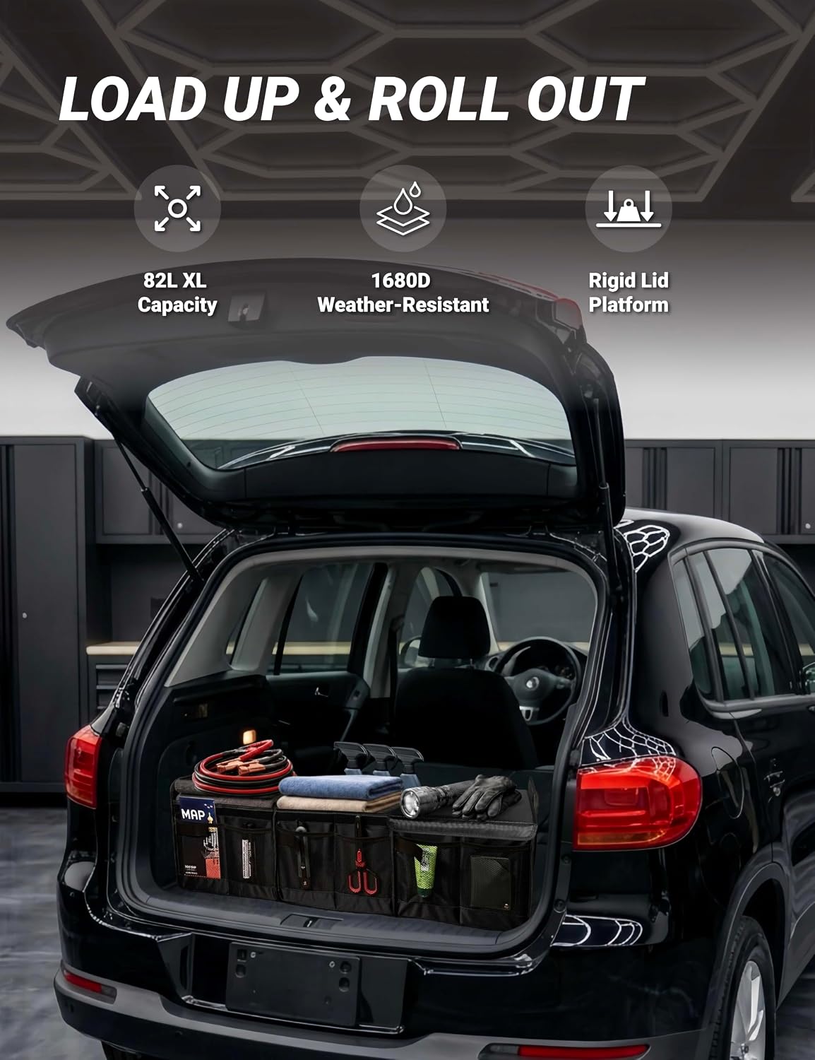 Heavy Duty Trunk Organizer with Lid for Car & SUV (XL, Black)