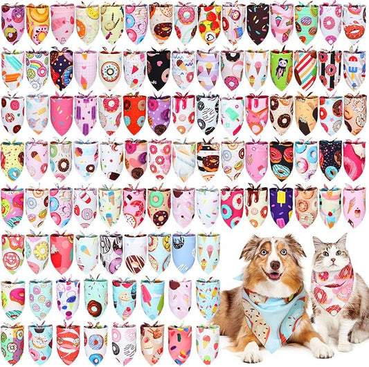 150 Pcs Donut Dog Bandanas Bulk Pet Bibs Colorful Triangle Scarf Donut Pet Bandanas for Medium Large Dogs Spring Summer Candy Theme Birthday Costume Decor
