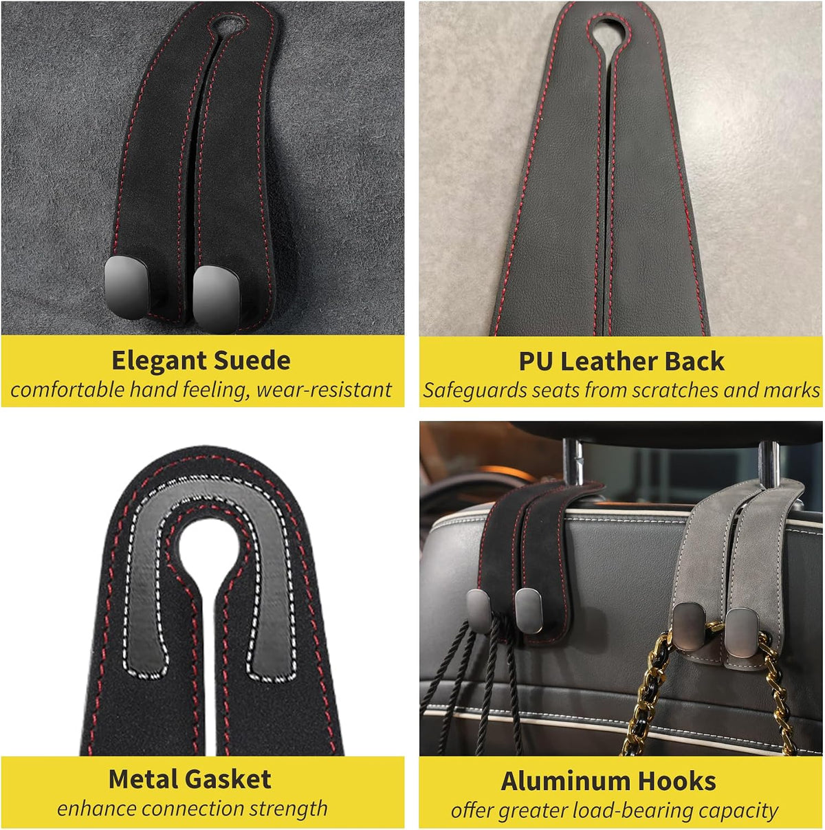 WEIHAO Purse Hook for Car Headrest, Suede Car Seat Back Storage Hook, Aluminum Twin Hooks Leather Car Headrest Hangers, Bag Holder for Sedan, Trucks, SUVs, Most Vehicles (Black-4PCS)