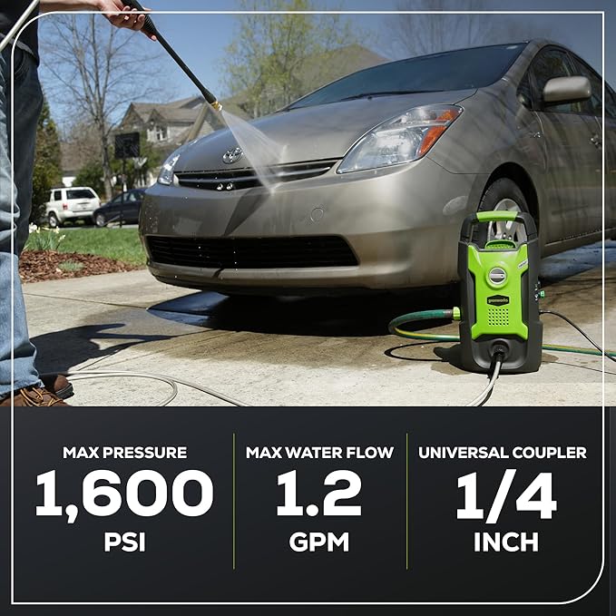 Greenworks Compact Electric Pressure Washer, 1.2 GPM (CSA Certified, Lightweight, 20 FT Tangle-Free Hose, 35 FT Power Cord) Great For Cars, Fences, Patios, Driveways, Decks and Patios